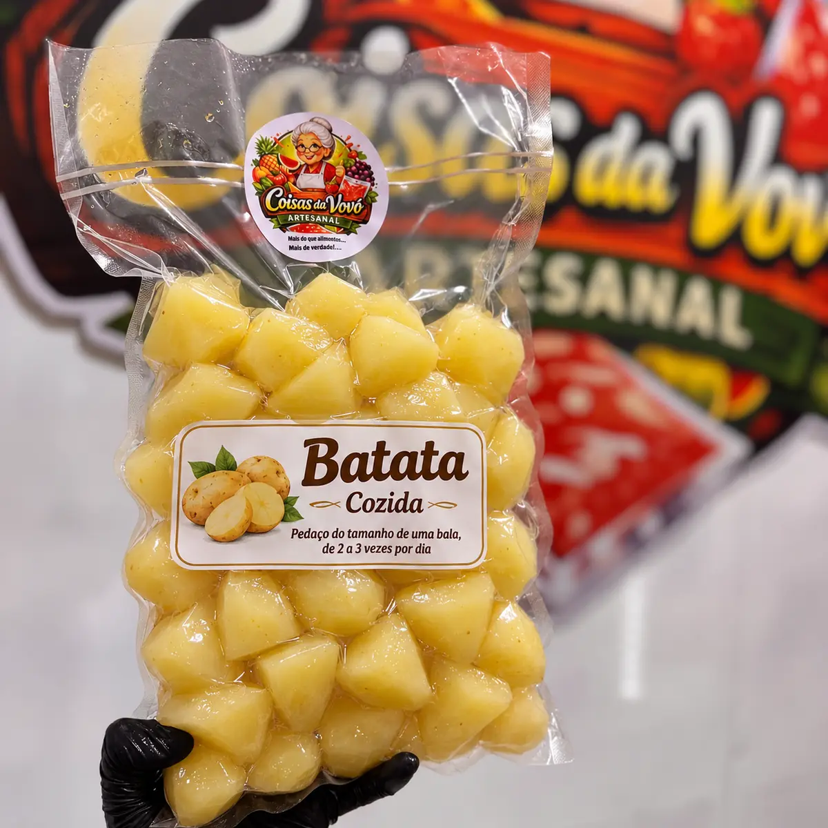 Petisco natural de batata para pets — embalagem da Coisas da Vovó Artesanal