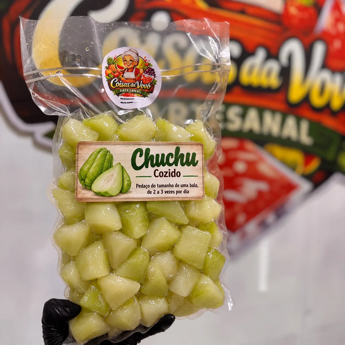 Petisco natural de chuchu para pets — embalagem da Coisas da Vovó Artesanal