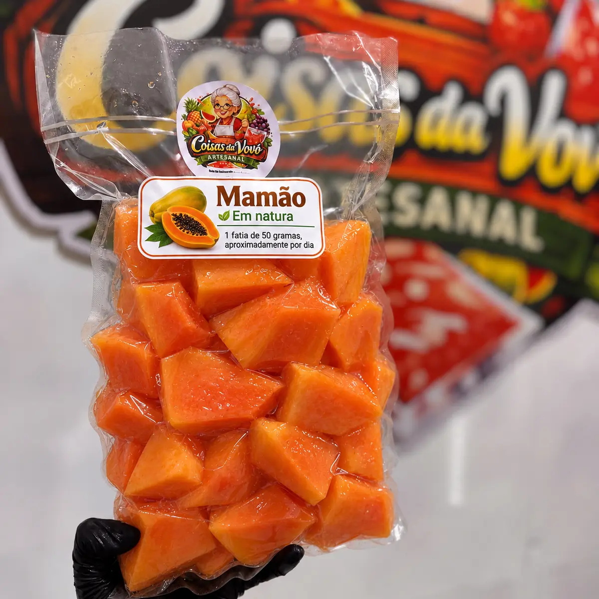 Petisco natural de mamão para pets — embalagem da Coisas da Vovó Artesanal