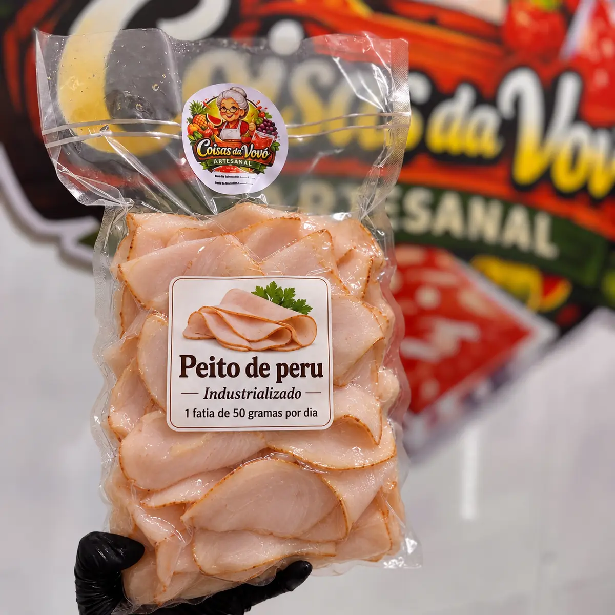 Petisco natural de peito de peru para pets — embalagem da Coisas da Vovó Artesanal