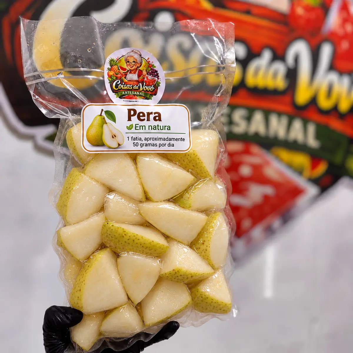Petisco natural de pera para pets — embalagem da Coisas da Vovó Artesanal